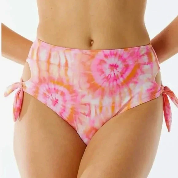 NWT Sundazed Tie Dyed Side Tie High Waist Bikini Bottom Orange and Pink Size L - Picture 10 of 10